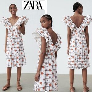 Zara white floral flower windowpane print ruffle sleeve dress boho prairie Sz S